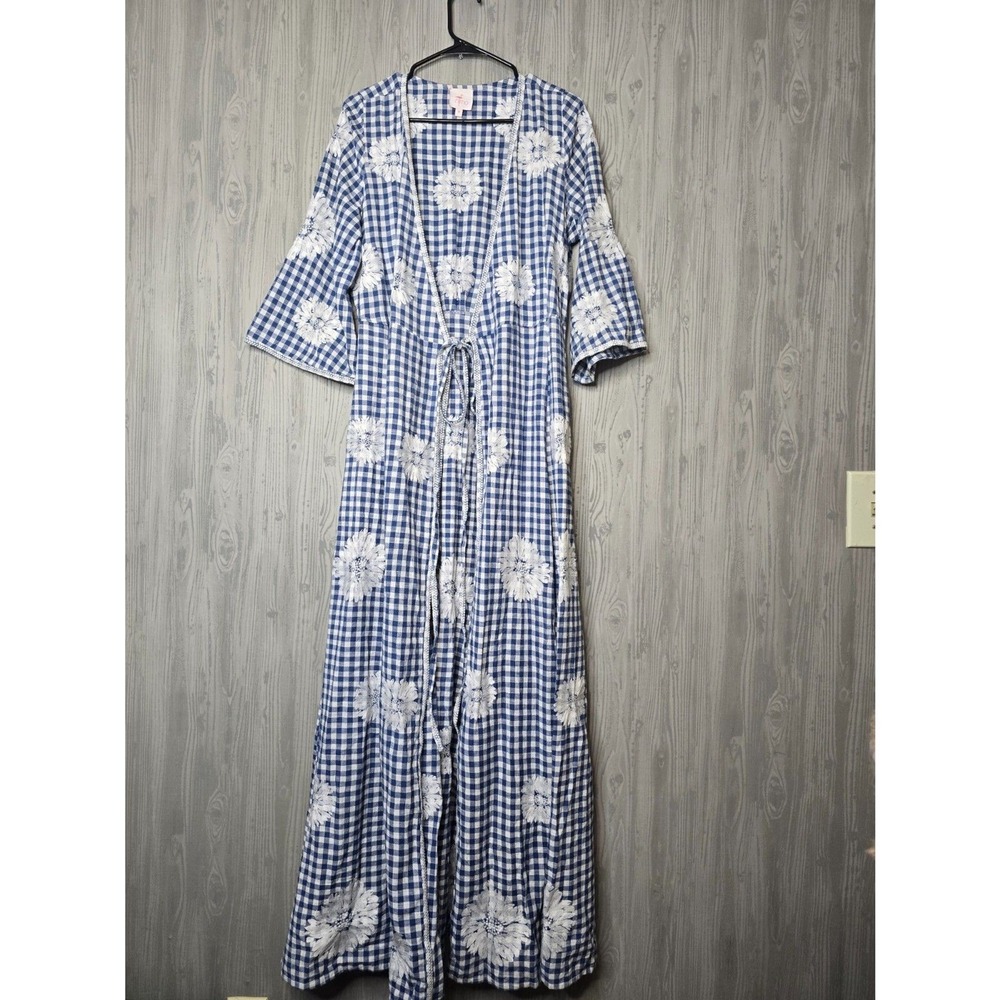 Nimo With Love Blue White Gingham Embroidered Wrap Maxi Dress M Cotton